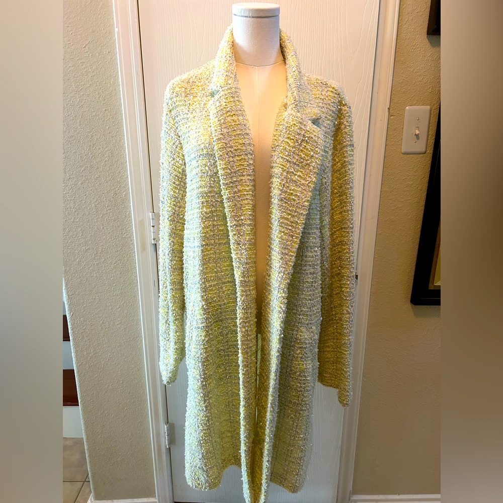 Sweater Jacket. Yellow with woven white, blue and sparkles. Side pockets.